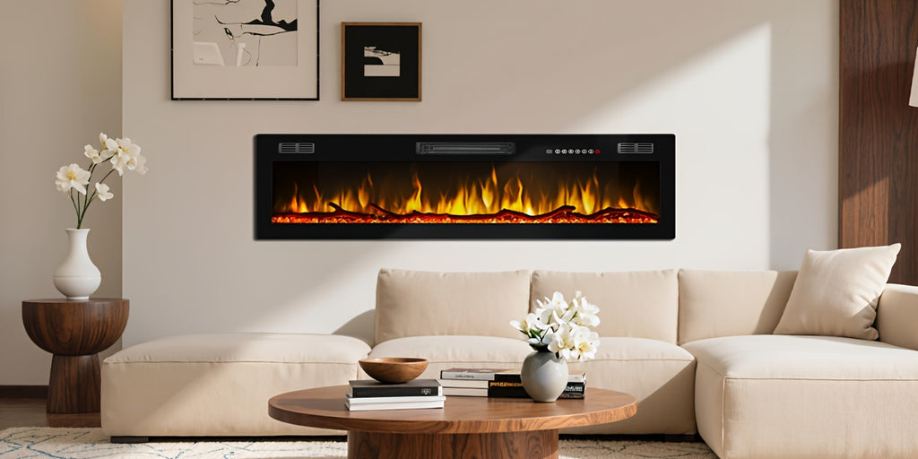 50/60/68/72 Inch Electric Fireplace, Recessed And Wall Mounted Fireplace, Fireplace Heater with Remote Control, Linear, Ultra-Thin Fireplace Heater with 12 Adjustable Flame Color, Log & Crystal Options, 750/1500W