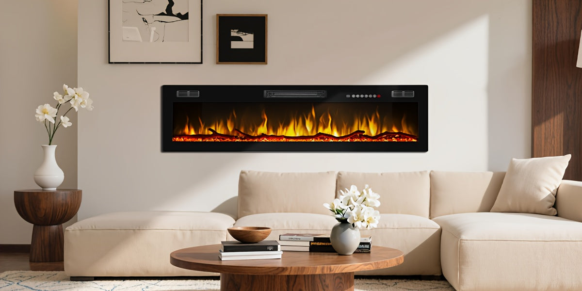 50/60/68/72 Inch Electric Fireplace, Recessed And Wall Mounted Fireplace, Fireplace Heater with Remote Control, Linear, Ultra-Thin Fireplace Heater with 12 Adjustable Flame Color, Log & Crystal Options, 750/1500W