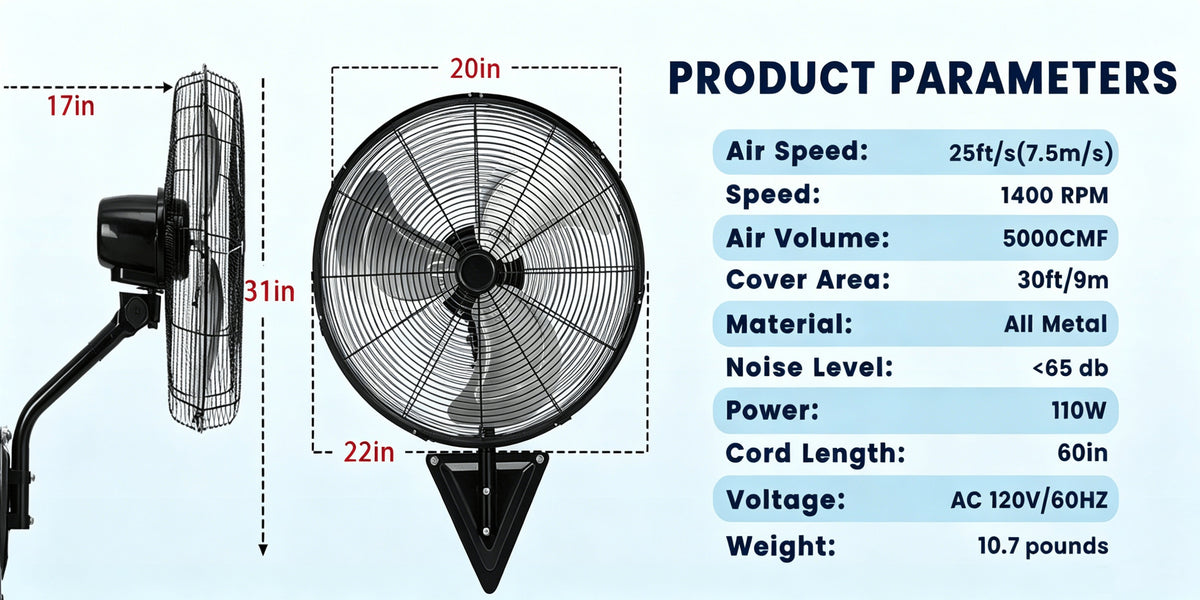 20 Inch Wall Mounted Fan with High-Power Motor, 2pcs Set, 120 Degree Swing, 60 Degree Tilt, And 3-Speed Setting, Durable Industrial Fan Suitable for Industrial Grade Cooling Equipment in Garages, Workshops, Offices, And Homes