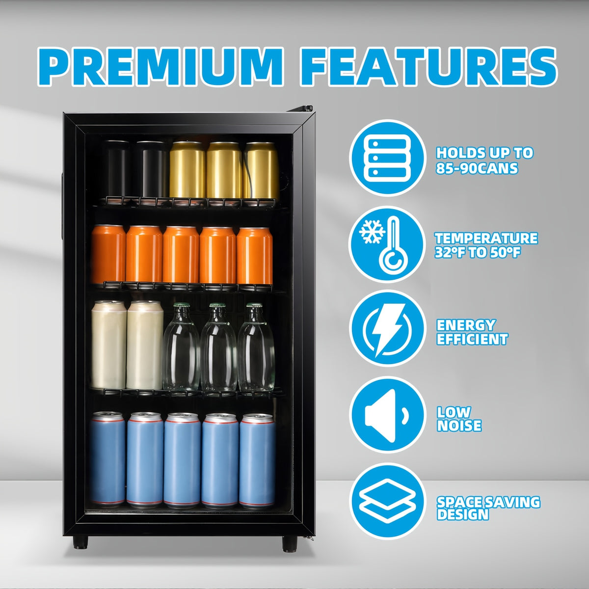 WANAI Mini Fridge Cooler 125Cans Beverage Refrigerator Glass Door Beverage Cooler for Beers Wine Juicer Cooler Adjustable Shelves LED Lights for Home, Office Or Bar
