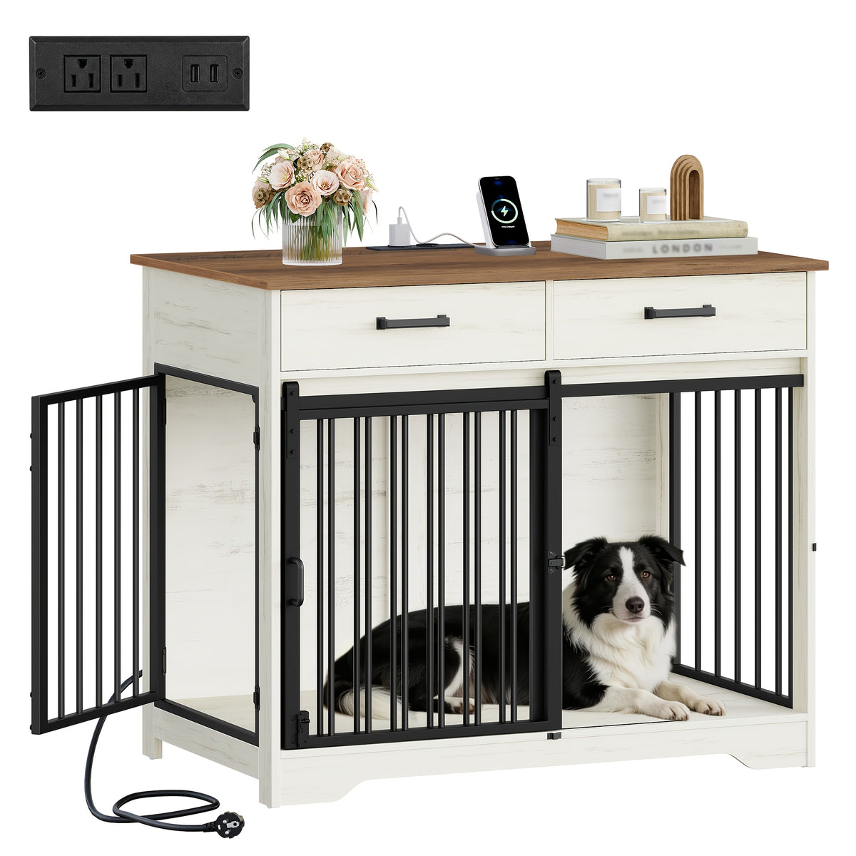 38.2'' Dog Crate Furniture with Charging Station, Barn Door Dog Kennel Indoor with 2 Storage Drawers, Wooden Pet Cage End Side Table for Medium/Large Dogs, Chew-Proof, Black/White Brown