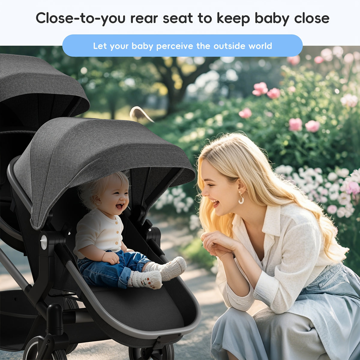 Foldable Double Stroller - Tandem Design with Adjustable Backrest, Reversible Seat, Five-point Safety Harness and Storage Basket - Convertible Bassinet for Infants and Toddlers