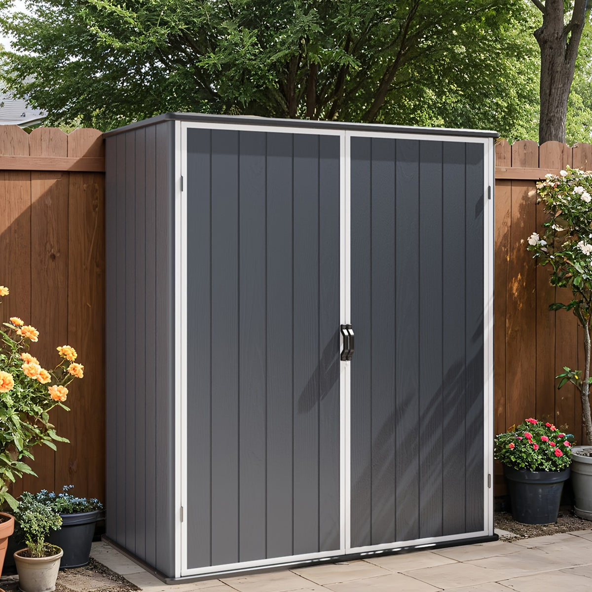 GUNJI 5 X 3 FT Plastic Outdoor Storage Shed, Resin Waterproof Cabinet With Stable Roof And Lockable Doors For Patio Furniture, Pool Accessories And Tools, Available In Four Sizes