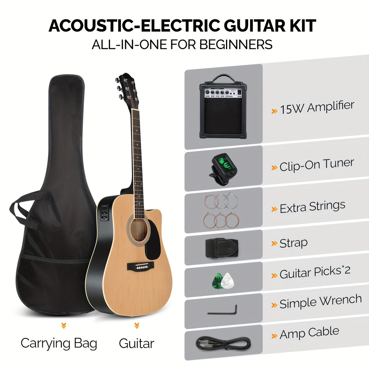 Electric Acoustic Guitar Kit — Full-Size 6-String Cutaway Set with Amplifier and Built-In Tuner