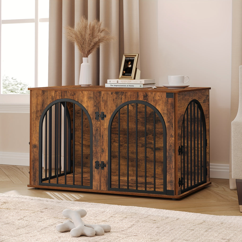 39.4'' Dog Crate Furniture - Dog Kennel Indoor Arched Door Design, Wooden Dog Crate Furniture For Small/Medium/Large Dog, Side Table, TV Stand, Anti-Chew, Anti-Escape - Rustic Brown, Black Gold, Greige Black, White Brown - For Dog Owners - Provides Safe &