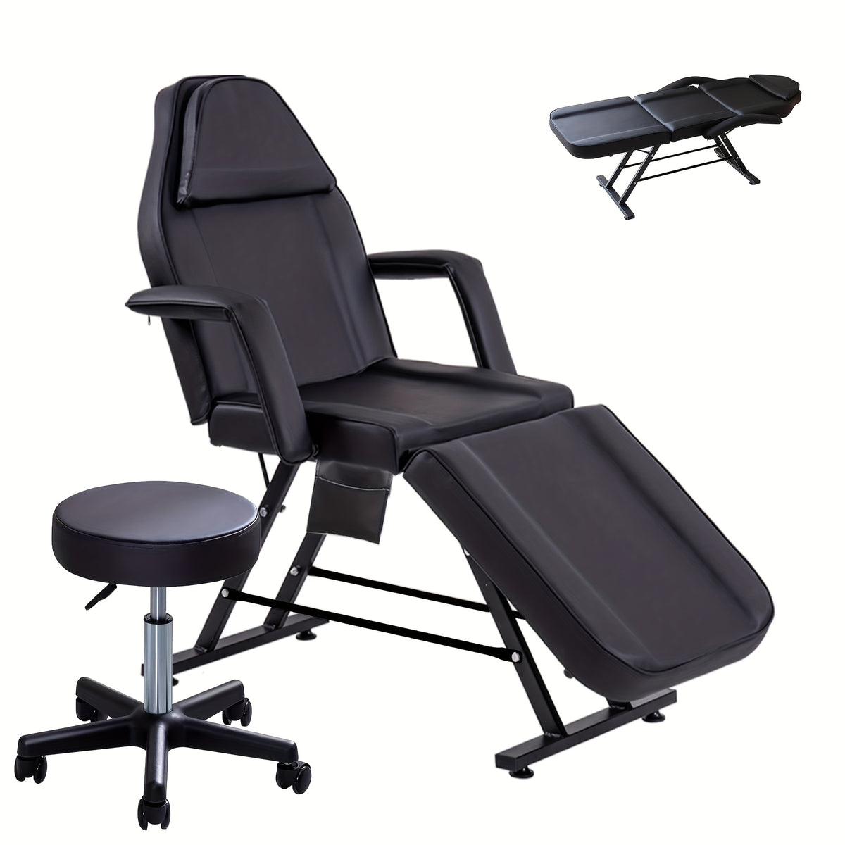 Beauty Bed with Stool Massage Table with Head Cushion 3-Section Adjustable Beauty Bed Professional Tattoo SPA Salon Chair (Black)