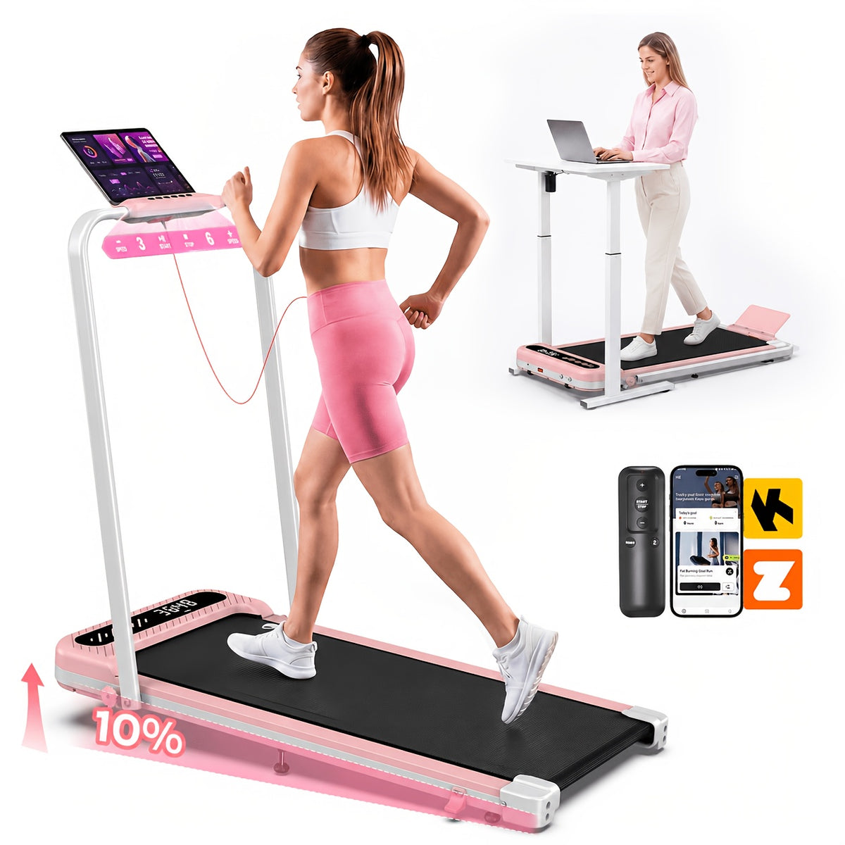 Folding Walking Pad Treadmill with Handle Bar, Low Noise Walking Pad Treadmill for Home Small, 3.0 HP Quiet Walking Pad Treadmill with 350 LBS Capacity, 0.6-6.2MPH, Remote & LED Display, with ZWIFT/KINOMAP APP