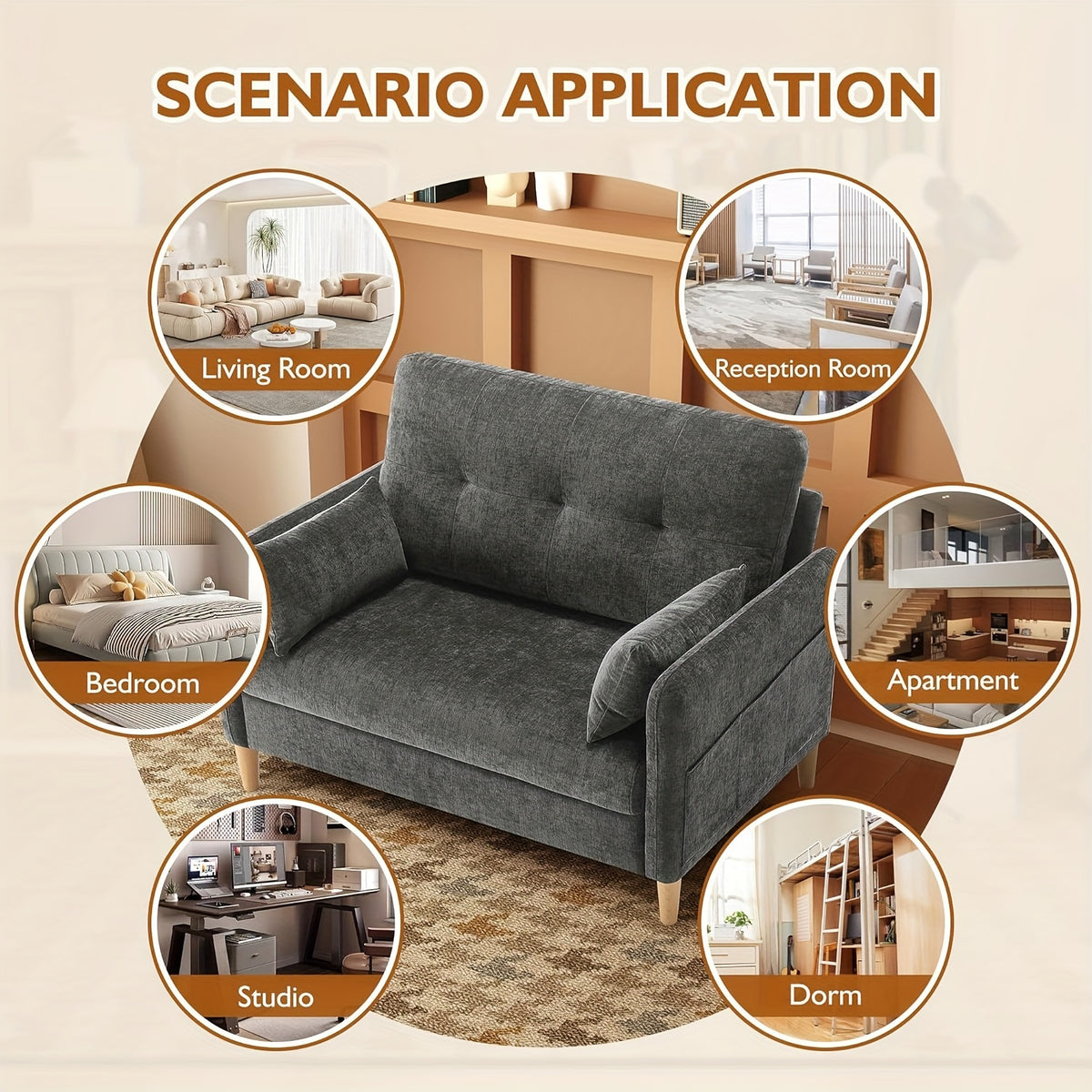 Loveseat Sofa, 47" Small Couch for Living Room, Comfy Chenille Fabric Love Seat for Bedroom Withthrow Pillow, Removable Cushion Cover, Couches for Small Space, Apartment, Dorm