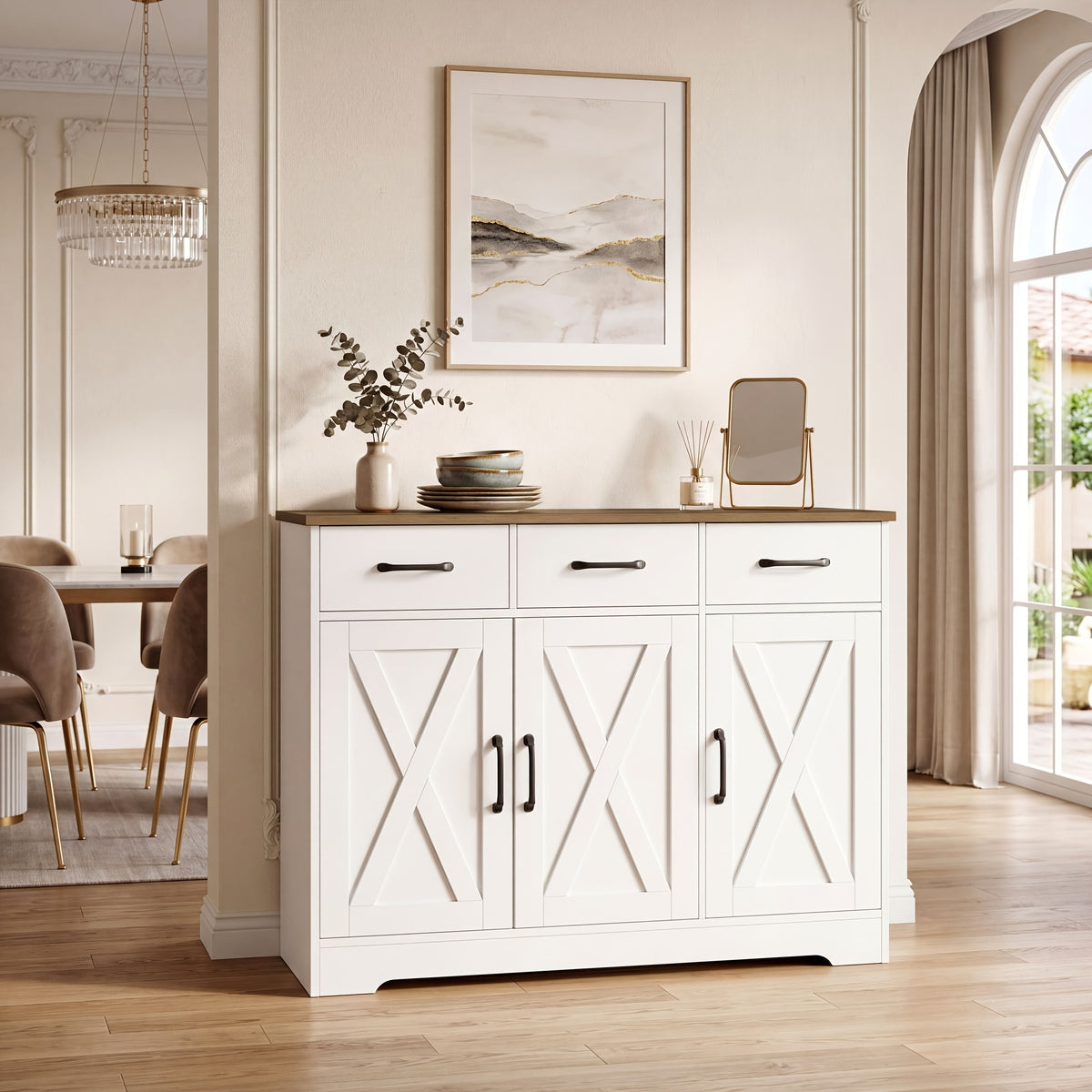 FULTRU Modern Farmhouse Cabinet with Barn Door & Sliding Panel Doors Suitable for Kitchen, Dining Room Storage, Freestanding Buffet Furniture with Drawers and Open Shelves, Assembly Required, Multifunctional Sideboard