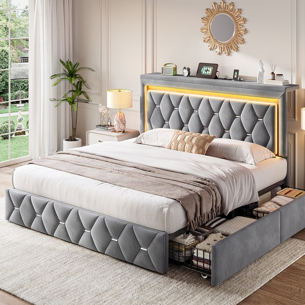 Queen/Full Size Bed Frame With 4 Storage Drawers & Headboard Adjustable, Velvet Platform Bed With LED Lights, Charging Station, Sturdy Wooden Slats Support, No Box Spring Needed, Beige, Grey