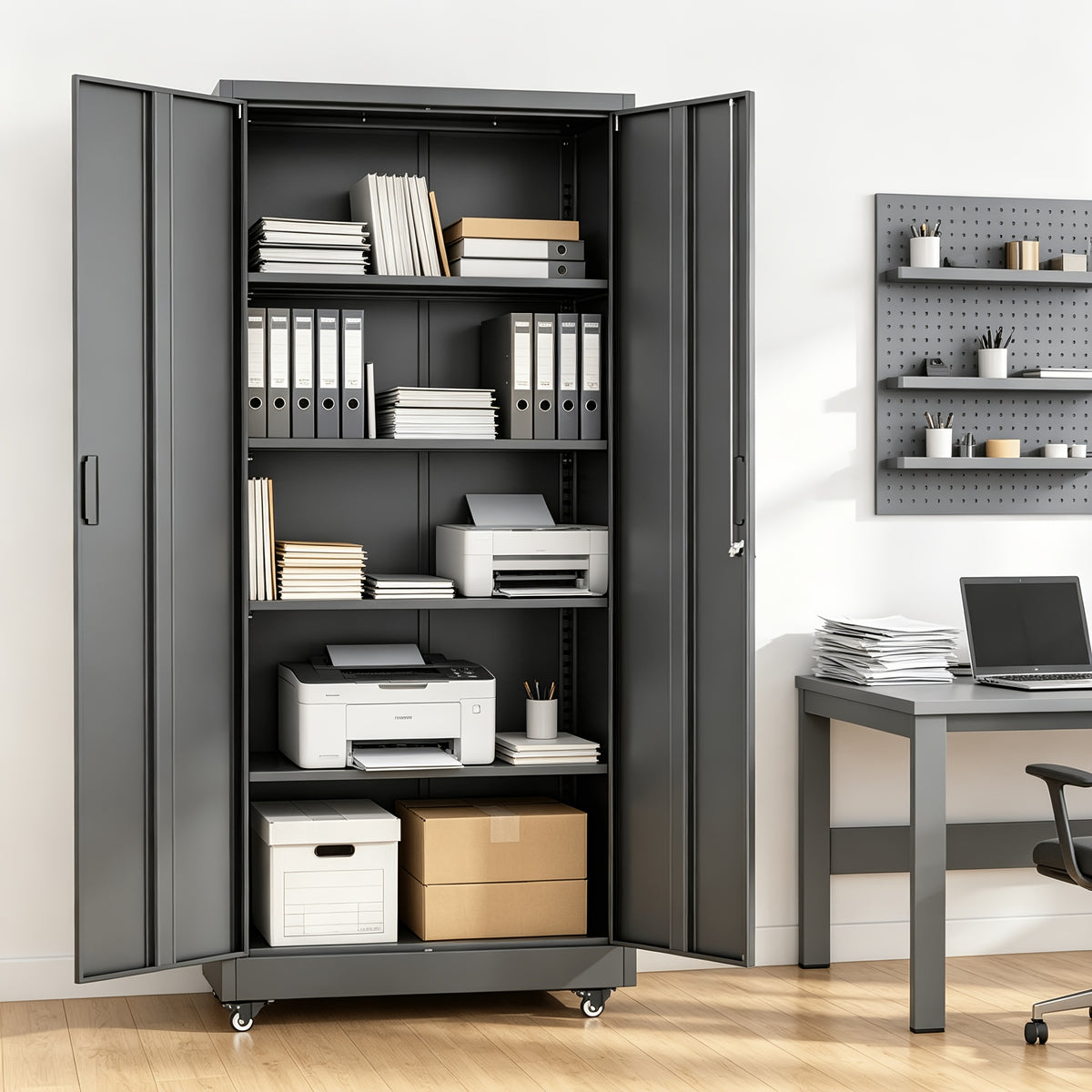 75''/72''*32''*16" Metal Pulley Office Storage Cabinet, Rollable Metal Cabinet, with Wheels, Locking Door And Adjustable Shelves, Suitable for Steel Tool Cabinets In Home Offices, Garages, And Warehouses, Black/White
