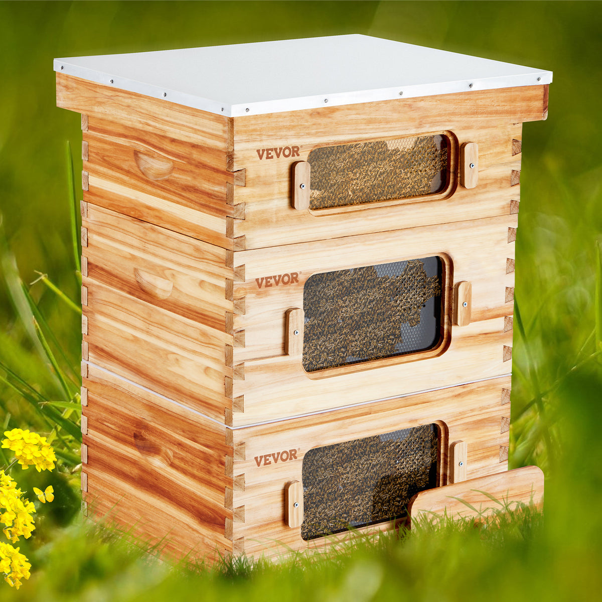 VEVOR Bee Hive 30 Frame / 40 Frame Bee Hives Starter Kit, Beeswax Coated Fir Wood, 2 Deep + 1 Medium / 2 Deep + 2 Medium Bee Boxes Langstroth Beehive Kit, Transparent Acrylic Windows with Foundations for Beginners Pro Beekeepers