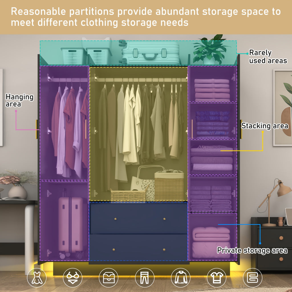 Modern Wardrobe Closet with Mirror And LED Lights, Bedroom Armoire with Drawers And Shelves, Wooden Closet Cabinet with Hanging Rod