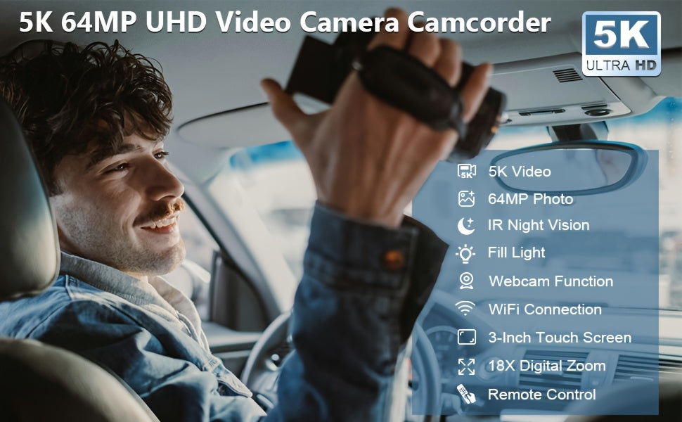 DINGETU 5K Video Camera Camcorder, 64MP WiFi Vlogging Camera for YouTube with IR Night Vision, 18X Digital Zoom, 3" Touch Screen, Webcam, Microphone, Remote Control & 2 Batteries
