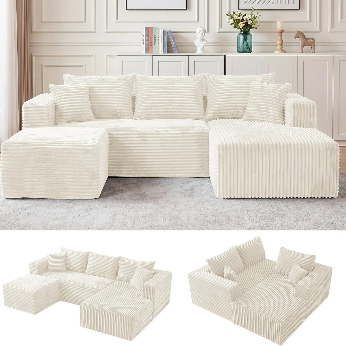 95 Inch L-Shaped Sectional Sofa, Fluffy Corduroy Cloud Sleeper Couch, Free Combination Boneless Sofa with Wide Chaise And Ultra-Deep Seating, Cozy Lounge Furniture for Apartment, Living Room, Easy Setup