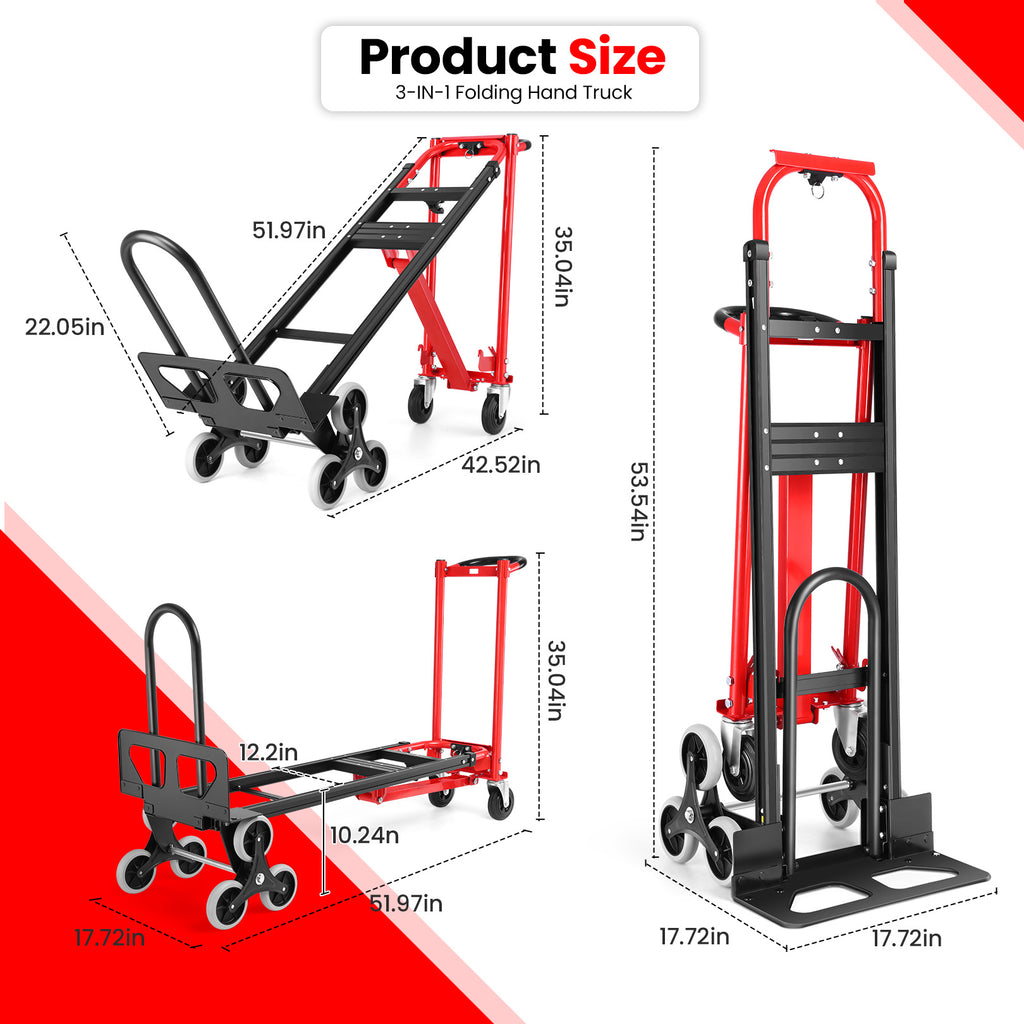 Heavy Duty 4-in-1 Convertible Hand Truck Dolly - 1000 LBS Capacity Industrial Stair Climbing Platform Cart, Foldable Utility Trolley for Moving & Transport