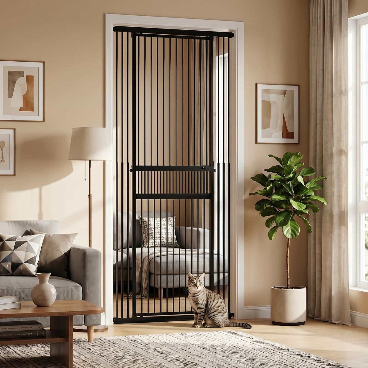 [Adjustable Height & Width] Dog Gate 49"-86" Adjustable Height, Extra Tall Cat Gate for Doorways/Hallways, 27.5"-37" Adjustable Width, Baby Gate with 4 Extensions Kits, No Drilling Pressured Mounted, Black And White