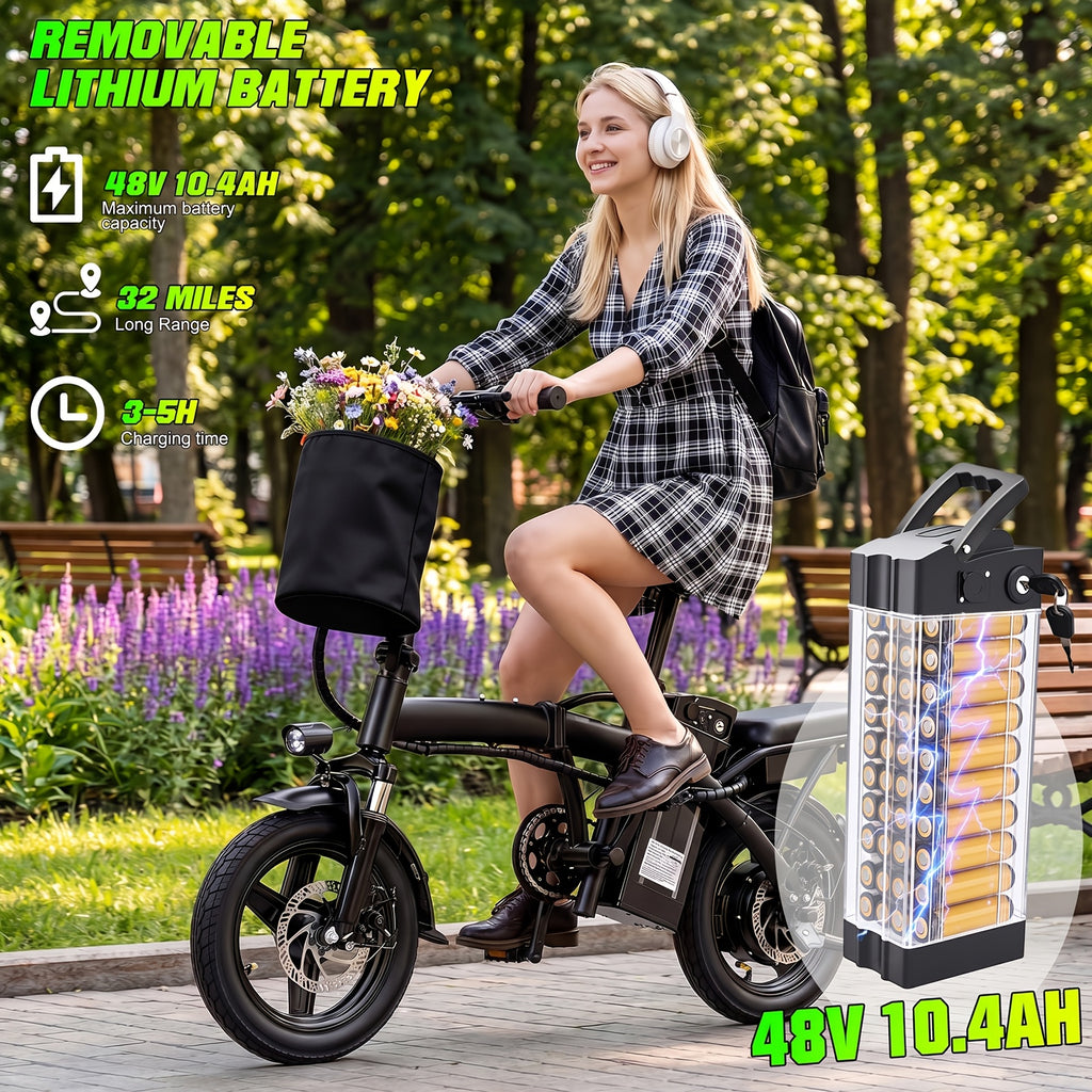 14 Inch Folding Electric Bike for Adults And Teens, 560W Peak Motor, Removable 48V 10.4AH Battery, 12-24 MPH Top Speed, 32 Miles Assist Range, 330 LBS Max Load, Ideal for Urban Commuting & Recreational Riding, Perfect Gift Choice