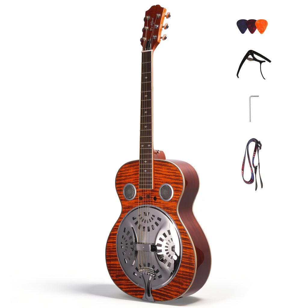 Acoustic Resonator Guitar Full Size 40 Inch Steel String, Beginner Acoustic Guitar Kit With Strap Capo Picks Wrench, Country Bluegrass Folk Blues Slide Fingerpicking Right Handed, Spruce Top Amber Orange Holiday Birthday Gift Musical Instrument