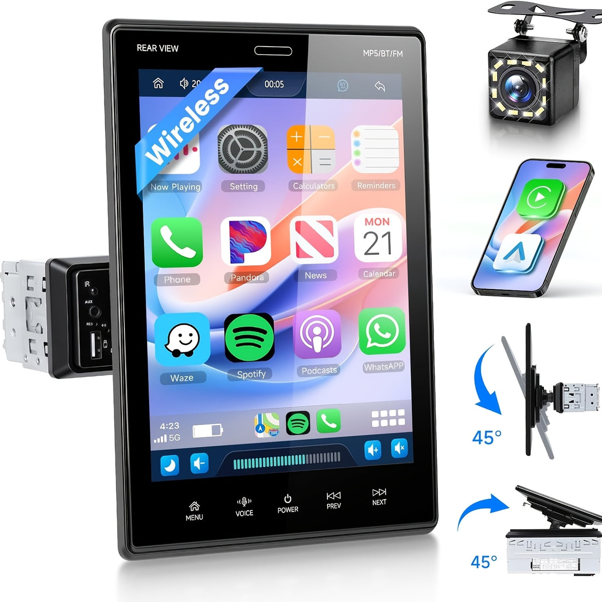Merry Christmas Single Din Car Stereo with 9.5 Inch Vertical Detachable Touch Screen Car Radio with FM Radio Mirror Link TF/USB/AUX Input and Backup Camera
