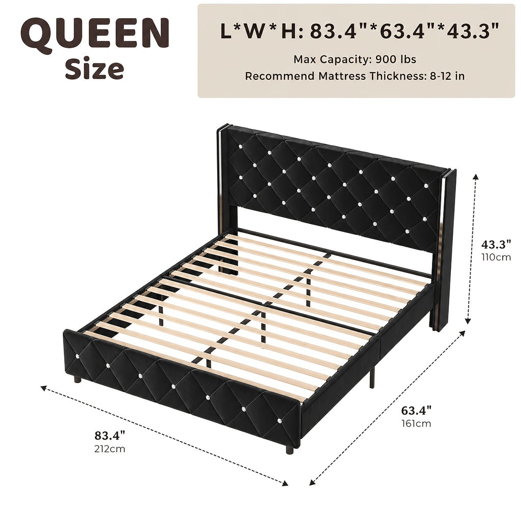 Twin Full Queen King Size Bed Frame, Upholstered Bed Frame with Diamond Tufted Headboard, Modern Silvery Side Wing Back, No Box Spring Needed, Easy Assembly, Purple, Black, Blue, Green, Pink, White