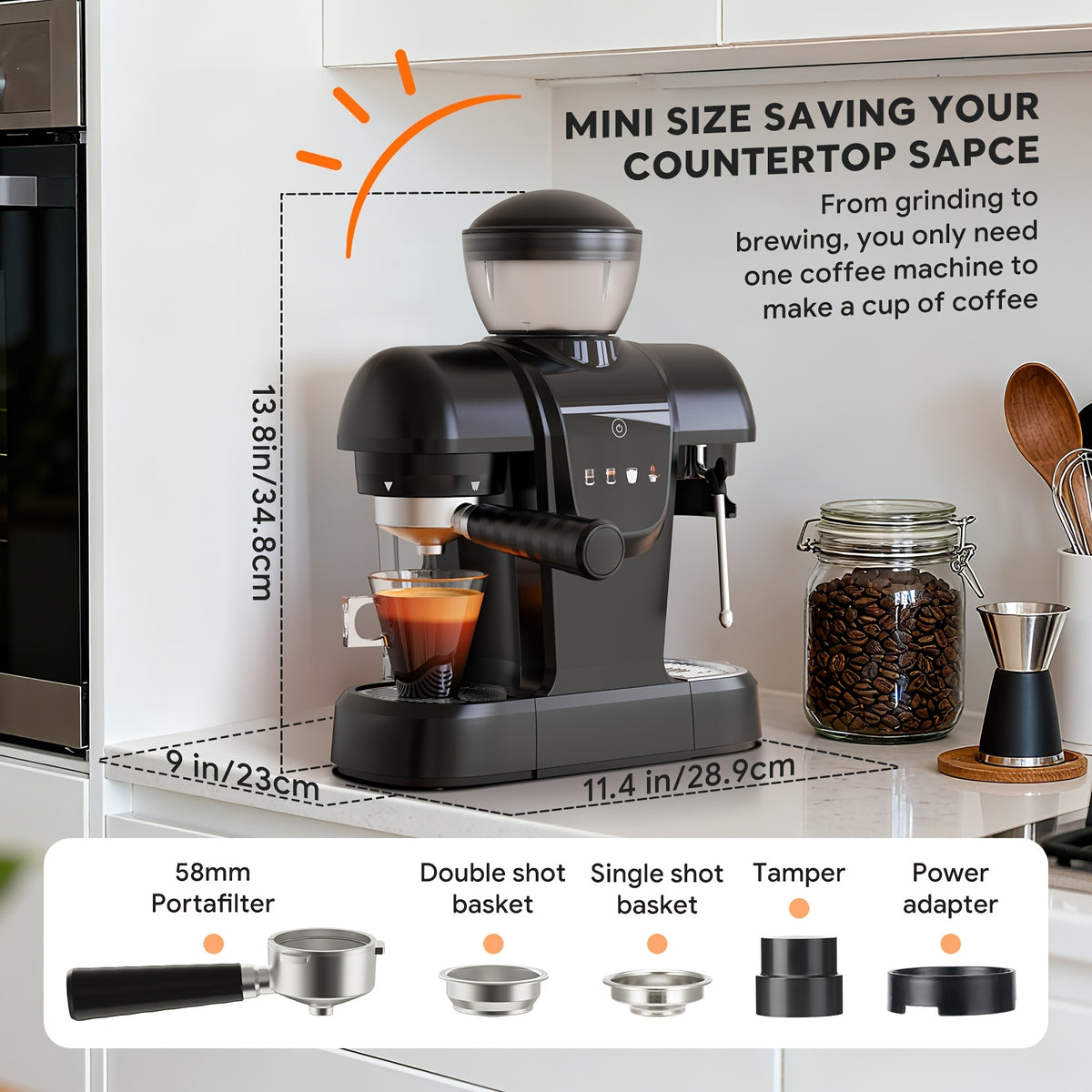 Italian Espresso Machine with 19-Bar Pressure and Conical Burr Grinder for Cappuccinos and Lattes