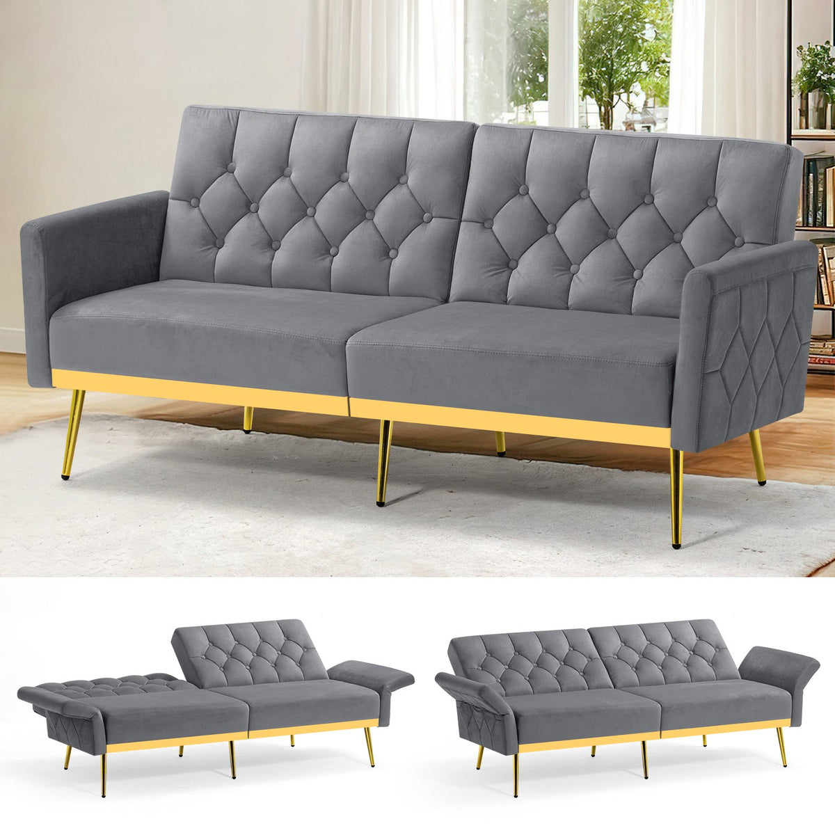 ACMEASE Velvet Sofa Bed Featuring Adjustable Armrests And Backrests, a Contemporary Recliner Sleeper Couch with a Tufted Design, a Convertible Loveseat Sofa with Golden Legs Suitable for The Living Room, Bedroom, Or Studio