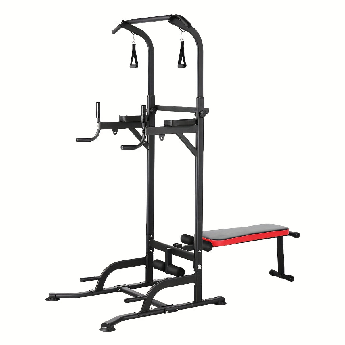 Power Tower With Bench Height Adjustable Pull Up Bar Stand Dip Station With Folding Weight Bench And 4 Ropes, 400lbs, For Home And Gym