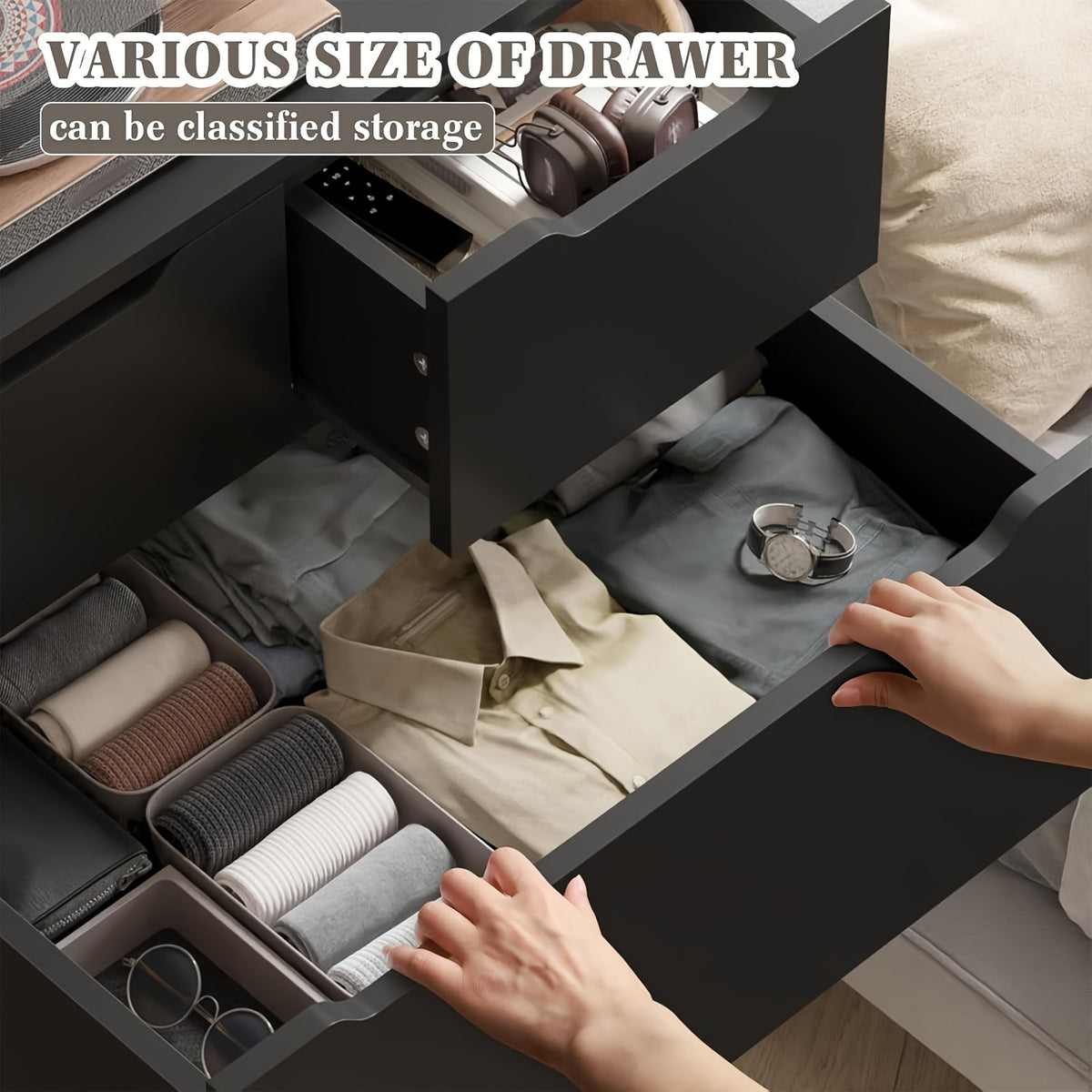 6-Drawer Dresser for Bedroom, Modern Chest of Drawers, Black Dresser with Large Organizer, Deep Drawer And Smooth Metal Rail, Black