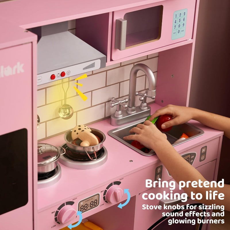 SYNCFUN Play Kitchen Set for Toy Kitchen Playset with Real Lights & Sounds, Double-Door Fridge, Ice Maker & Cookware Accessories, Pretend Play Kitchen Set for Kids, Multi-Item Party Favor Packs for Children, Perfect Christmas Gifts