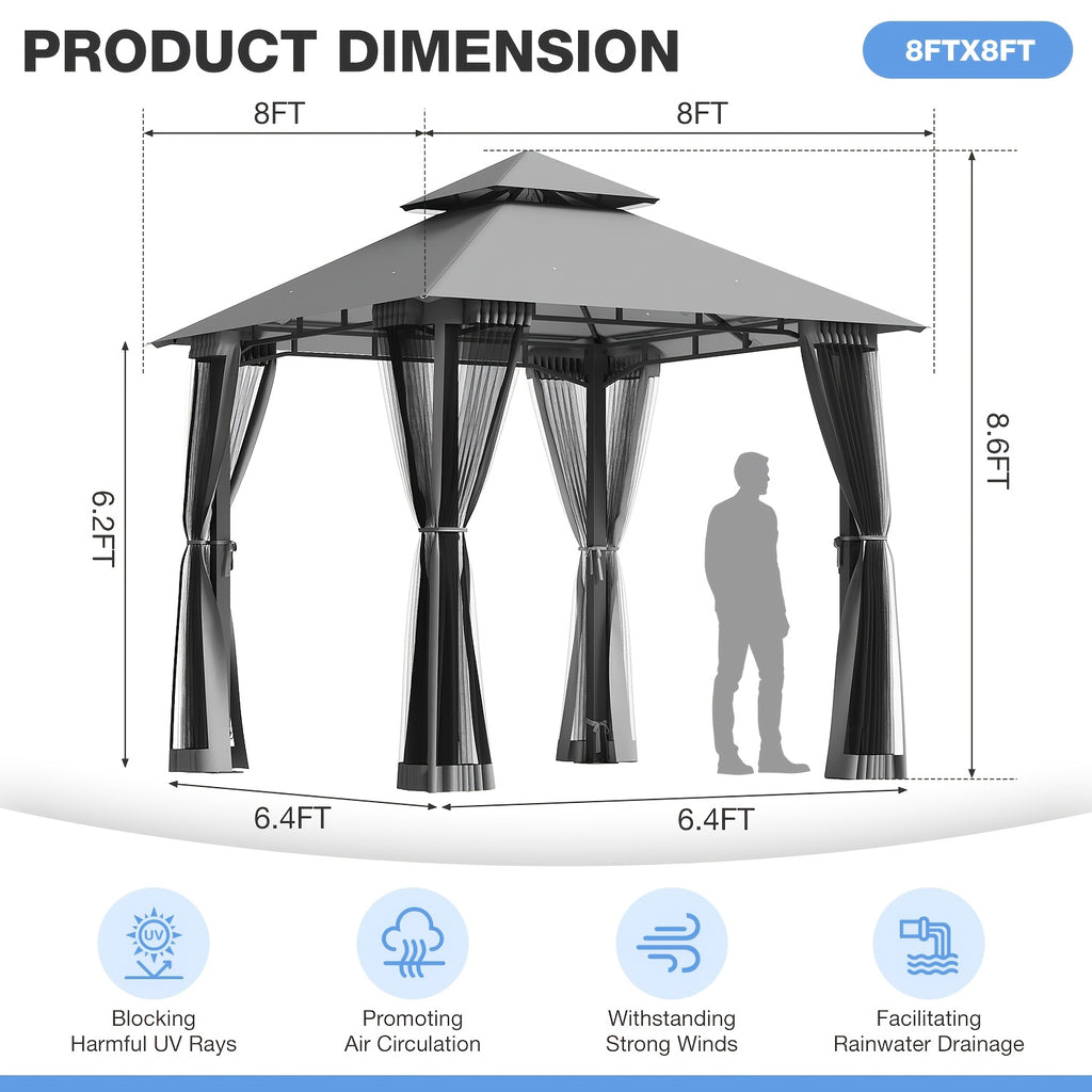 8'x8'Heavy-Duty Aluminium Alloy Outdoor Gazebo With Double Roof Canopy - All-Weather Pergola Mosquito Netting, Suitable For Terraces, Backyards, Or Gardens (grey)