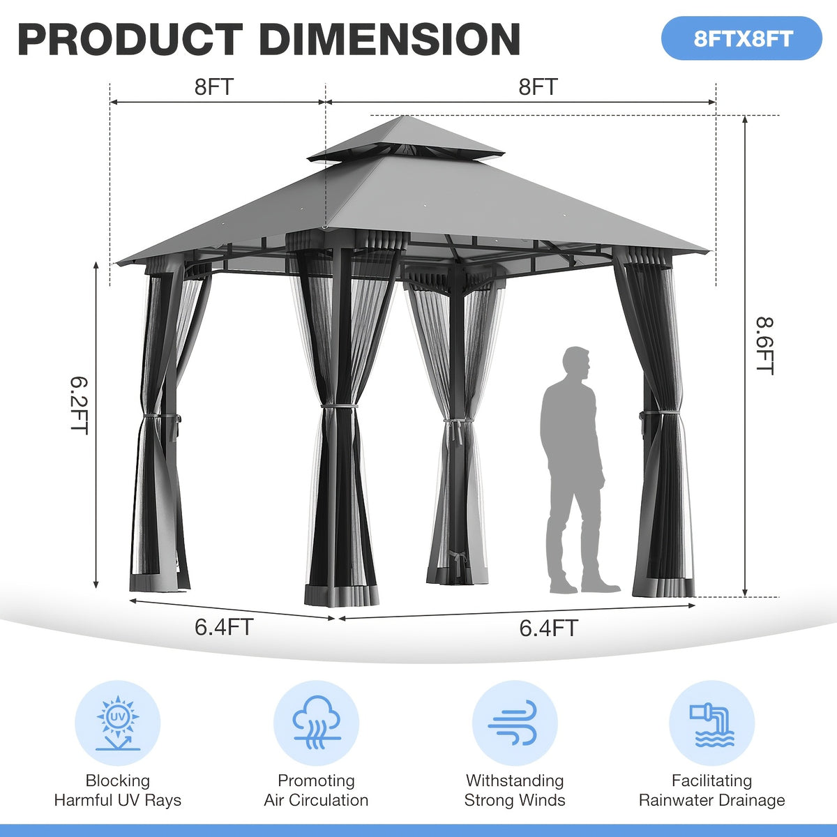 8'x8'Heavy-Duty Aluminium Alloy Outdoor Gazebo With Double Roof Canopy - All-Weather Pergola Mosquito Netting, Suitable For Terraces, Backyards, Or Gardens (grey)