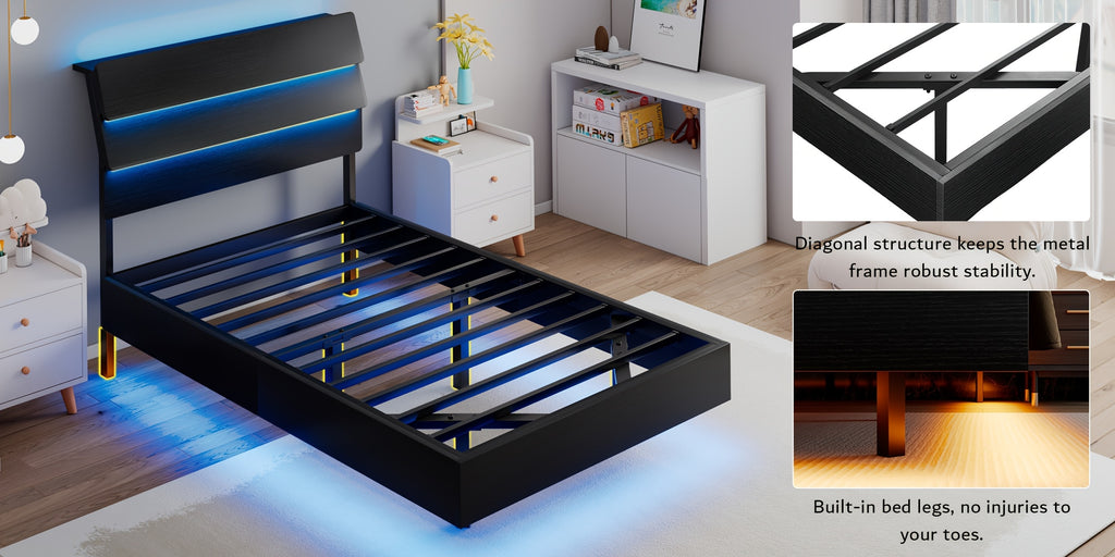 Valnase Floating Bed Frame with LED Lights & Charging Station, Platform Bed with Wooden Storage Headboard, Steel Slats Support, Easy Assembly