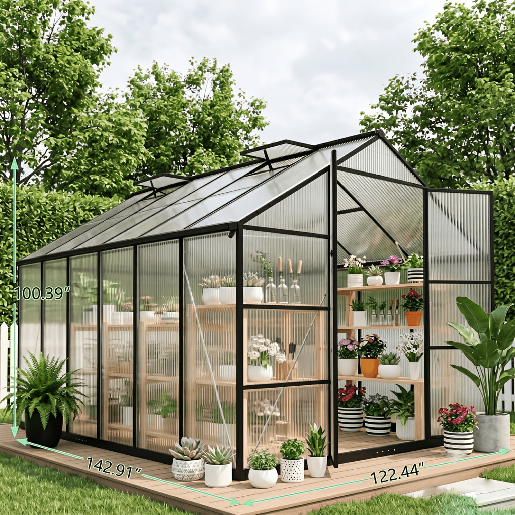 [Polycarbonate Greenhouse] 10X12 FT Greenhouse, Greenhouses For Outside, Polycarbonate Greenhouse With Aluminum Frame, Lockable Door And Ajustable Roof Vent For Backyard, Green Houses For Outside Garden Backyard, Patio, Garden Houses