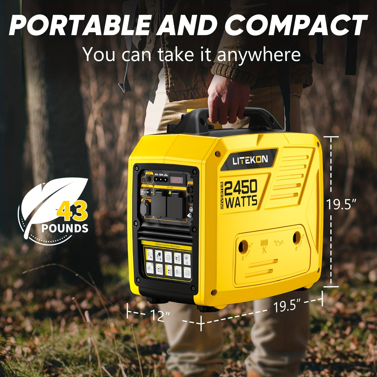 2450 Watt Inverter Generator, Quiet Gas Powered Generator, 1.6 Gallon Large Fuel Tank Fuel Capacity Up to 14 Hours, 120V AC Outlet, DC USB C Port, Parallel Ready, Metal Construction, Mobile Power Source, Robust Construction, Portable Generator
