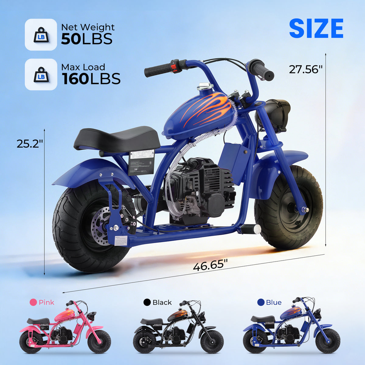 Mini Dirt Bike, DB004 Model 39 CC 4-Stroke Gas Chopper Bike with Off-Rode Tire, Disc Brakes, Max Load 160Lbs, Up to 18Mph