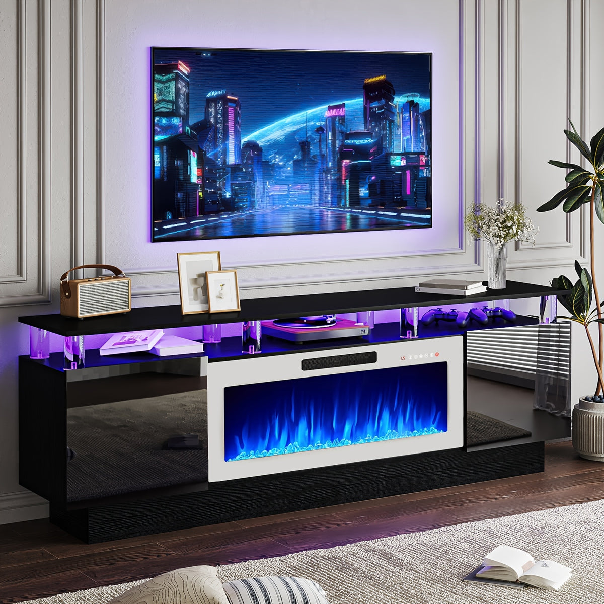 Fireplace TV Stand with 36-Inch Electric Fireplace, 70-Inch LED Light Entertainment Center with High Gloss Cabinet, 2-Tier Modern Wood Media TV Console for Living Room