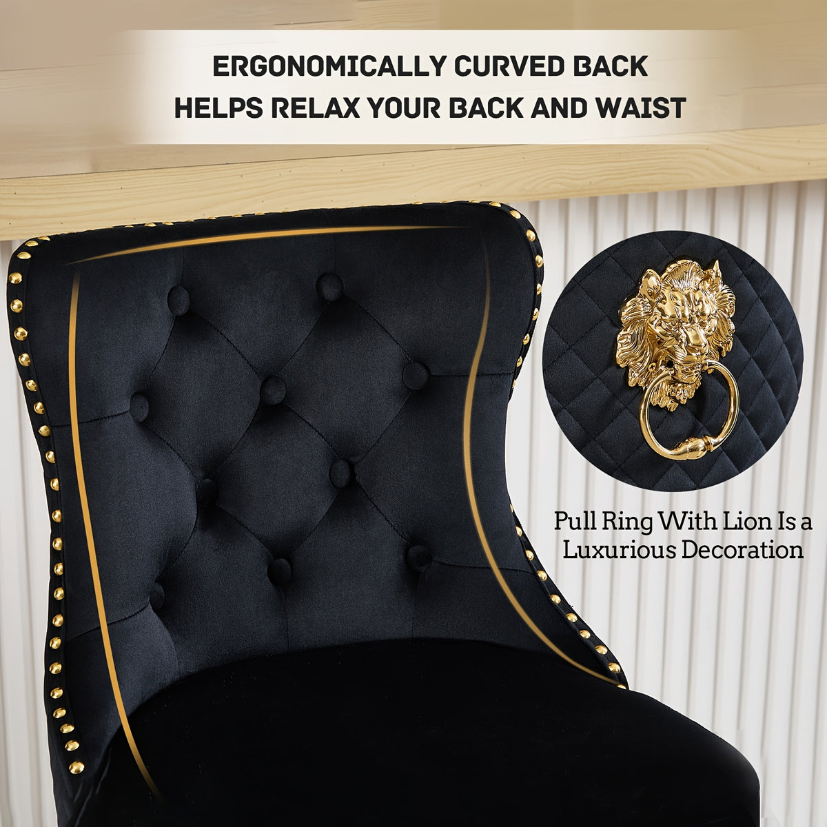 DMKAI Golden Lion Head Velvet Bar Stools Set Of 2, Luxury Diamond Tufted High Back, Adjustable Height 360° Swivel with Golden Base for Kitchen Island Home Bar