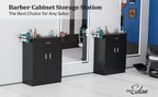 OmySalon Professional Salon & Spa Storage Station - Free Standing Barber Cabinet with Drawer, Large Storage Compartment, and 6 Hair Dryer Holders - Durable PVC, Hypoallergenic, Black