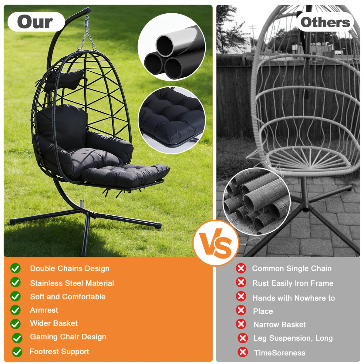 Hanging Egg Chair with Stand & Leg Rest, 350lb Rattan Wicker Swing Chair with Cushion, Patio Basket Hanging Chair Wicker Hammock Chair for Outdoor Garden Backyard Balcony, All-Weather Resilient