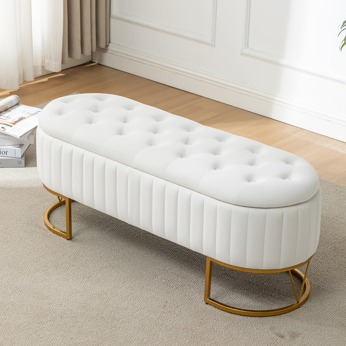 Modern 46”/46.5” (depending on orientation) Oval Velvet Storage Bench with Hinged-Lid Mechanism & Flip-Top Lid - Plush Upholstered Ottoman for End of Bed, Entryway, Living Room - Wood Frame & Luxury Design, Space-Saving Furniture (Standalone)
