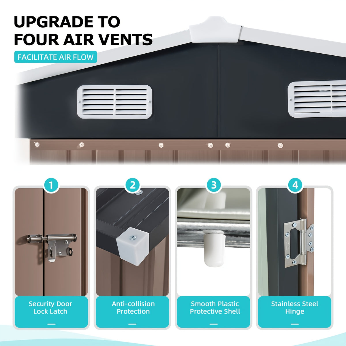 Outdoor Storage Shed in Brown, Galvanized Metal Organizer with Lockable Double Doors and Five Configuration Options