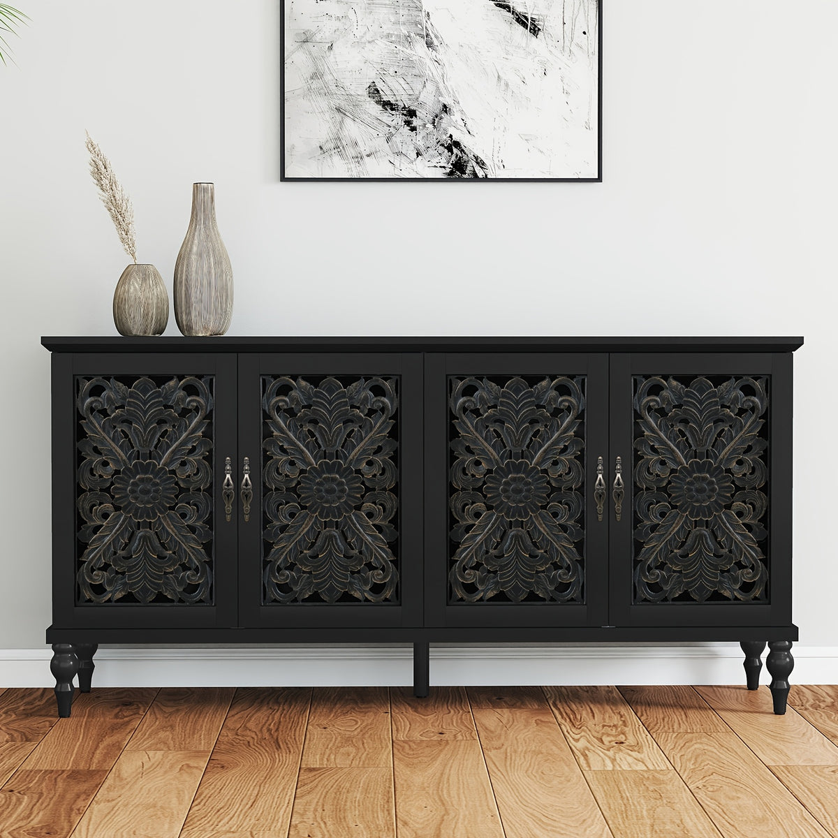 63" Accent Cabinet with 4 Doors, Hollow Carved Vintage Sideboard Buffet with Adjust Shelves, Wood Credenza Storage for Living Room, Dining Room, Kitchen