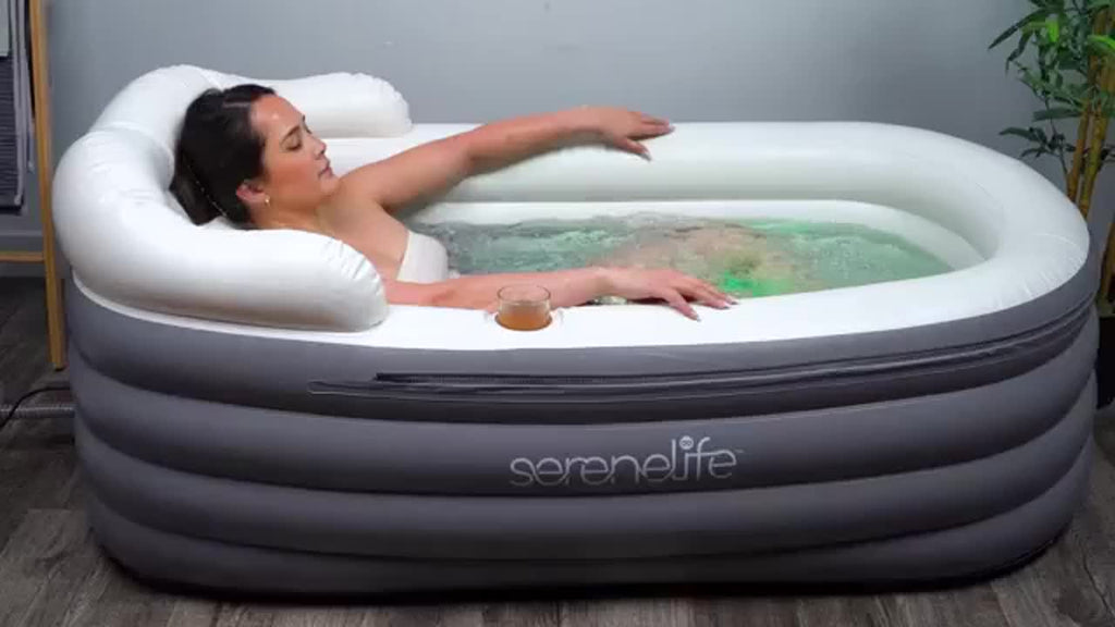 SereneLife Inflatable Bathtub with Bubble Massage Mat, Matching Inflatable Pillow, Cup Holder, and Remote Control for Body and Spa