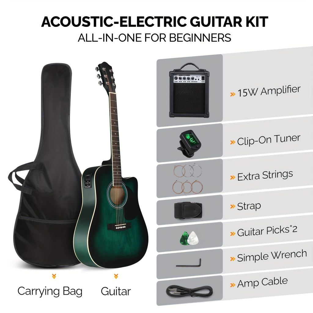 Bonnlo Electric Acoustic Guitar Kit, Full Size Acoustic Folk Guitar, 6-String, Cutaway Design, with AMP, Built-In Tuner, Bag, Strap, Picks, Complete Additions, ALL-IN-ONE Set for Beginner, Birthday/Festival Gift for Music Lovers