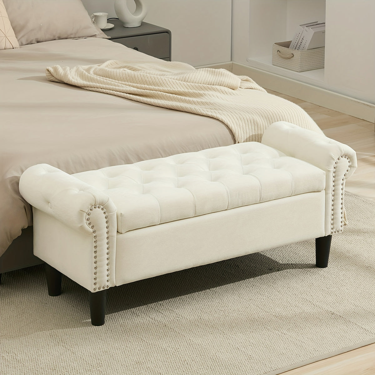Storage Ottoman with Seat, Safety Hinge Storage Bench, Chenille Fabric, Cushion Storage Bench with Seat, for Bedroom, Living Room