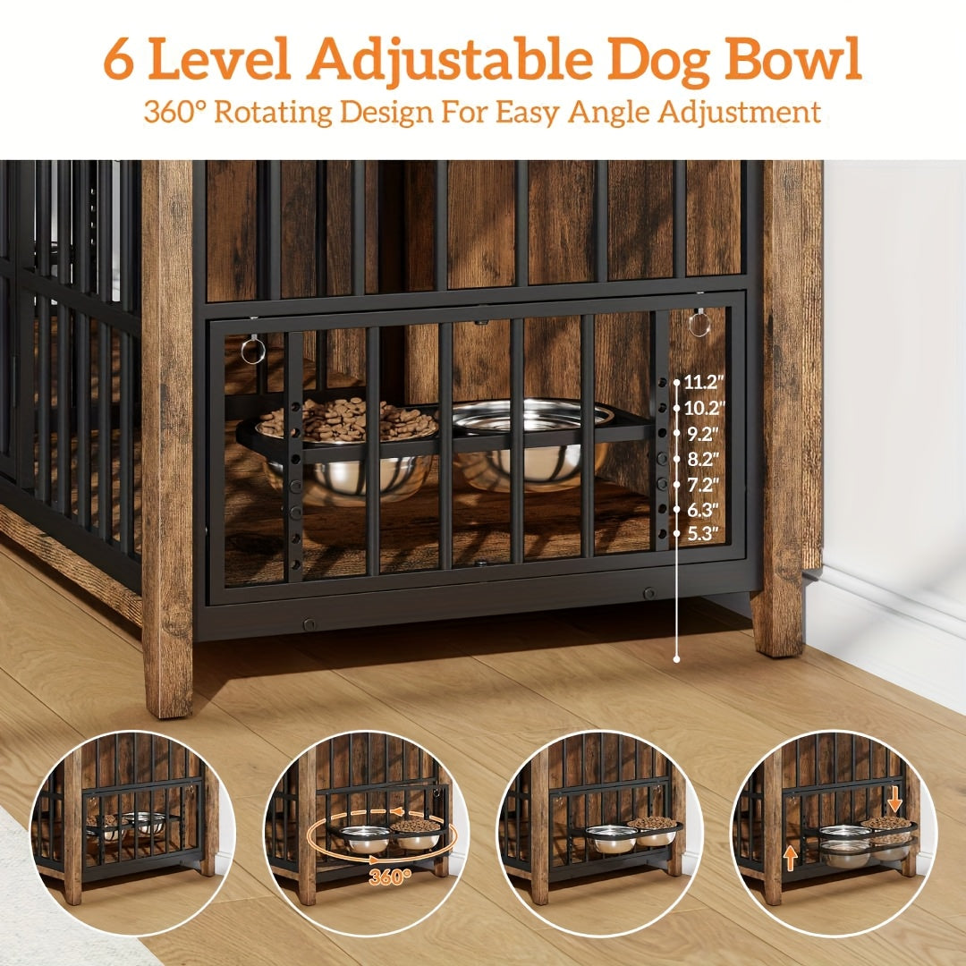 75/36/30in Furniture-Style Dog Crate with 360° Rotating Bowls, Adjustable Height, Safe Lock, Easy to Clean, Available In Gray/Brown, M, L, XL Sizes for One Or Two Dogs, Ideal for Home, Living Room Or Bedroom