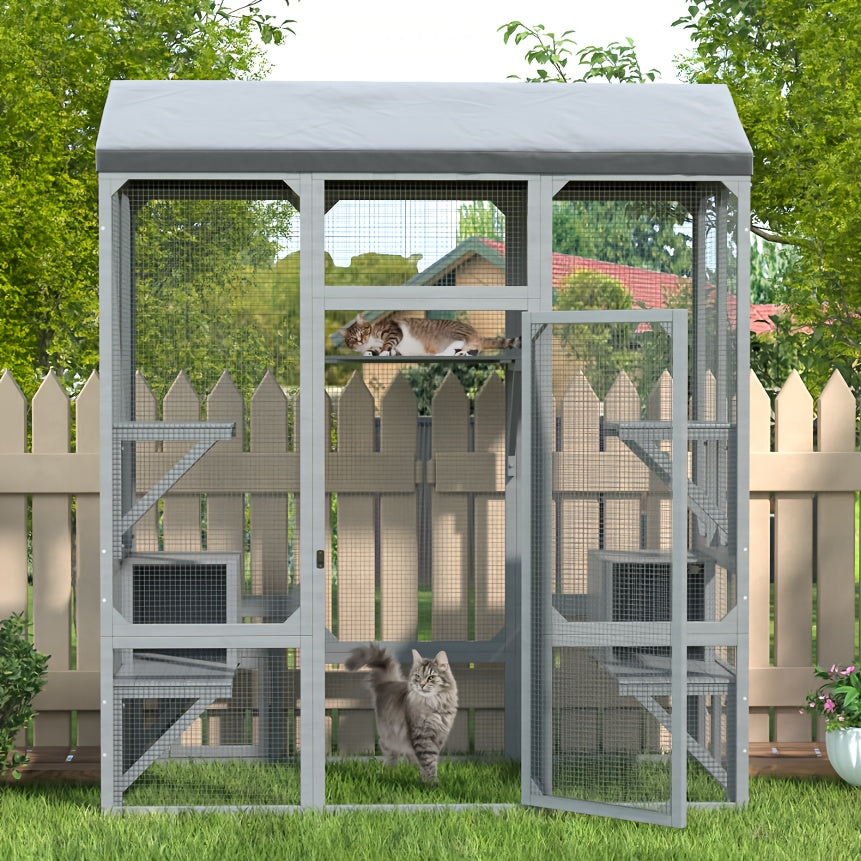 74 Inch Catio Outdoor Cat Enclosure, Large Cat House for Mulitiple Cats Walk In Cat Cage with Cover And Sunshine Panel Roof, Feral Cat Shelter with 7 Platforms And 2 Resting Box