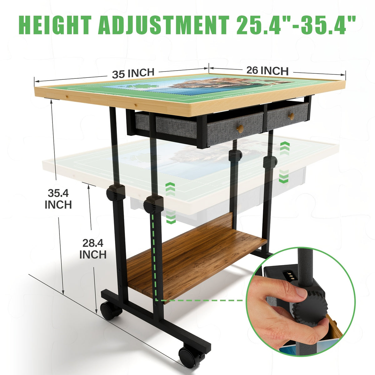 Movable Puzzle Table with Legs, Adjustable 5-Tilting-Angle Board, Height Adjustable Multi-function Table with 6 Drawersr for Puzzle, Chess, Reading Etc., Good Choice for Gift