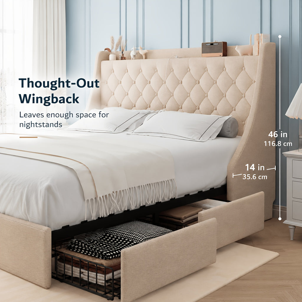 Bed Frame with Charging Station, Linen Fabric Storage Headboard, Storage Drawers on Both Sides, Solid Wood Slats Support